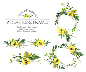Yellow floral round frame. Orchid wreath, bouquets