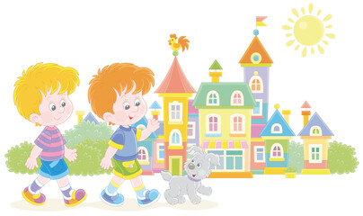 Happy little boys friendly smiling, talking and walking with their merry pup along a pretty street of a small colorful town on a sunny summer day, vector cartoon illustration isolated on white
