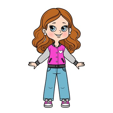 Cute cartoon girl in denim leans, college jacket  and sneakers color variation for coloring page on white background