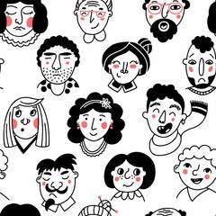 Doodle people faces illustration. Vector seamless pattern with repeated diverse persons.