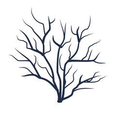 Bare tree without leaves. Dark silhouette. Plant. Crown with branches. Or close-up of bush. Winter or autumn season. Isolated on white background. Vector art.
