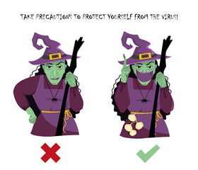 A witch in a protective mask and without warns about precautions against viruses during the Halloween holiday. Illustration for informational banners and layouts, for printing and the Internet.