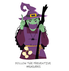 A witch in a protective mask warns about precautions against viruses during the Halloween holiday. Illustration for informational banners and layouts, for printing and the Internet. Clipart.