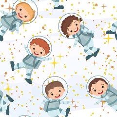 Children astronauts in spacesuits. Kid. Cosmos background. Seamless pattern. Childrens illustration. Starry sky landscape. Flat style. Cartoon design. Vector