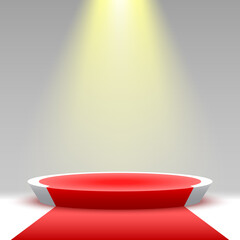 Round podium with red carpet and spotlight. Pedestal. Product display platform. 3d render stage. Vector illustration.