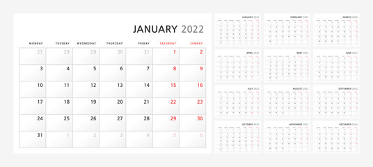 Wall quarterly calendar template for 2022 in a classic minimalist style. Week starts on Monday. Ready to print