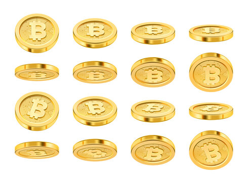 Cryptocurrency in cyberspace, isolated bitcoin realistic icon in different positions, front, side and back. 3d style of golden coins. Blockchain and investment financial assets and transactions vector