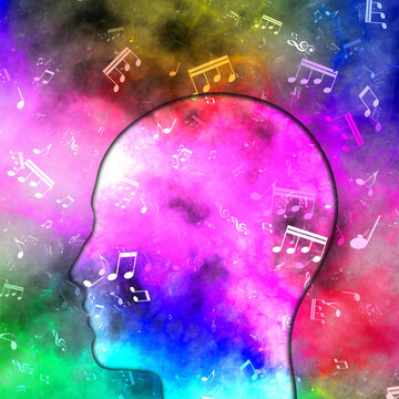 human head shape and musical notes
