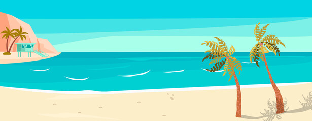 Fototapeta na wymiar Sea coast panoramic landscape with sand beach and palm trees