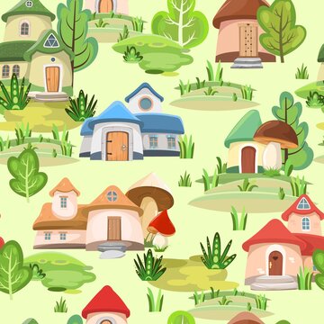 Village of gnomes. Seamless pattern. Fabulous landscape with houses and trees. Huge mushrooms. Cartoon style. Cute picture background for children. Vector