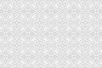 3d volumetric convex embossed geometric white background. Fashionable pattern with ethnic ornament in the style of handmade Islam, Arabic, Indian, Turkish, Pakistani, Chinese, ottoman motives.