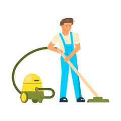 Male friendly cleaner with a vacuum machine dressed in work clothes
