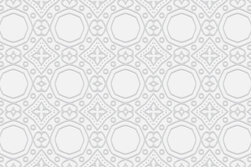 3d volumetric convex embossed geometric white background. Original pattern with ethnic ornament in the style of handmade Islam, Arabic, Indian, Turkish, Pakistani, Chinese, ottoman motives.