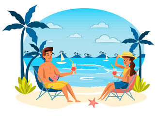 Obraz na płótnie Canvas Summer vacation isolated scene. Couple drinking cocktails, eating watermelon and sunbathing at loungers on beach. Man and woman resting at seaside resort. Vector illustration in flat cartoon design
