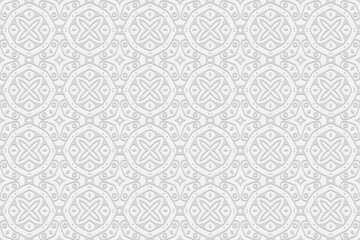 3d volumetric convex embossed geometric white background. Decorative pattern with ethnic ornament in the style of handmade Islam, Arabic, Indian, Turkish, Pakistani, Chinese, ottoman motives.