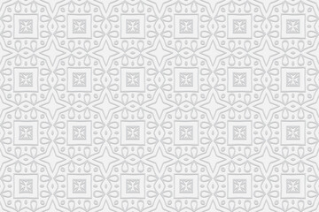3d volumetric convex embossed geometric white background. Ethnic trendy pattern with handmade ornament in Islam, Arabic, Indian, Turkish, Pakistani, Chinese, ottoman motives.