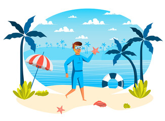 Summer vacation isolated scene. Man in mask going to diving at ocean, holding starfish. Guy resting on beach at seaside resort, recreation tropical island. Vector illustration in flat cartoon design