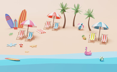 Fototapeta na wymiar summer beach top view with beach chair, ball ,Inflatable flamingo ,umbrella,coconut tree, starfish, rubber raft ,surfboard ,landscape background concept ,3d illustration or 3d render