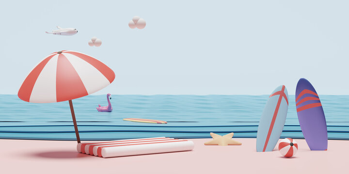 Summer Sea Beach And Sky With Umbrella,beach Ball,Inflatable Flamingo,rubber Raft ,surfboard Starfish, Plane, Cloud Landscape Background Concept ,3d Illustration Or 3d Render