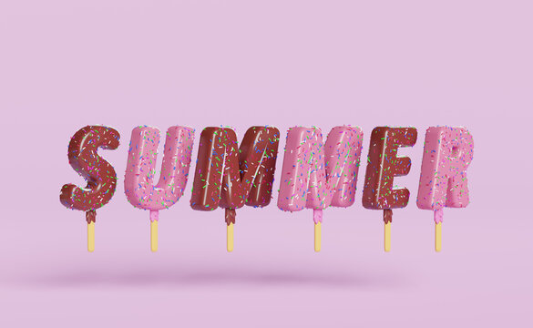 ice cream chocolate sticks covered popsicle with topping summer lettering isolated on pink pastel background.3d illustration or 3d render