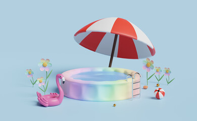 Inflatable Pool with swim ring flamingo,umbrella,beach ball isolated on blue background. Summer decorate concept ,3d illustration or 3d render