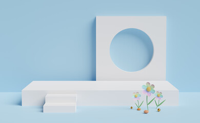 white stage podium empty with flower in blue pastel composition. Summer decorate concept ,abstract showcase background ,3d illustration or 3d render