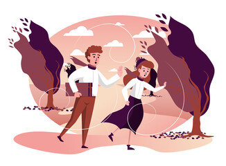 Man and woman running in storm windy weather in autumn park isolated scene. Couple hurries home in strong wind. Autumn landscape and seasonal activities. Vector illustration in flat cartoon design