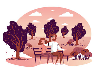 Couple sitting on bench in autumn park isolated scene. Man and woman hugging and spending time together outdoors. Autumn landscape and seasonal activities. Vector illustration in flat cartoon design
