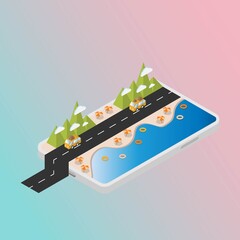 Obraz premium Travel and booking concept. Isometric of beach and sea with car and travel bag on mobile or smartphone and blue and pink background. Booking online, summer, and holiday with technology.
