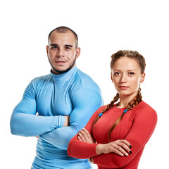 Obraz premium Young happy athletic man and woman posing after training on white background, healthy lifestyle, the need for physical activity in the modern world