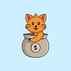 Cute cat in a money bag. Animal cartoon concept isolated. Can used for t-shirt, greeting card, invitation card or mascot. Flat Cartoon Style