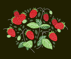 Fresh delicious ripe wild strawberries vector flat illustration on dark background, natural diet food vegetation tasty eating, forest wild berries series.