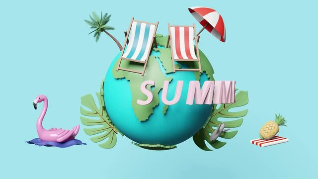 summer travel around the world concept with beach chair,umbrella,inflatable flamingo,coconut tree,monstera leaf ,3d render animation