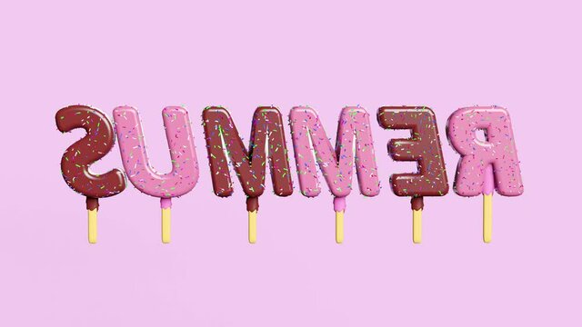 spin ice cream chocolate sticks covered popsicle with topping summer lettering isolated on pink pastel background.3d illustration or 3d render