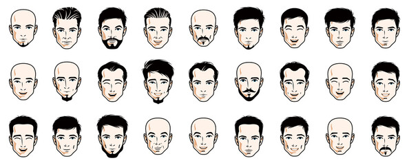 Handsome men faces and hairstyles heads vector illustrations set isolated on white background, guy happy attractive beautiful faces avatars collection with different haircuts.