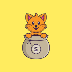 Cute cat playing in money bag. Animal cartoon concept isolated. Can used for t-shirt, greeting card, invitation card or mascot. Flat Cartoon Style