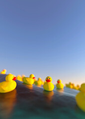 Collection of toy rubber ducks floating on the ocean happy 3d render