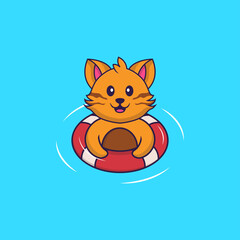 Cute cat is Swimming with a buoy. Animal cartoon concept isolated. Can used for t-shirt, greeting card, invitation card or mascot. Flat Cartoon Style