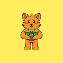 Cute cat holding money. Animal cartoon concept isolated. Can used for t-shirt, greeting card, invitation card or mascot. Flat Cartoon Style