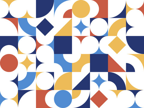 Geometric abstract seamless pattern with colorful simple elements of geometry, wallpaper background in retro 70s style, Bauhaus constructive style tiles.