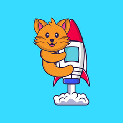 Cute cat flying on rocket. Animal cartoon concept isolated. Can used for t-shirt, greeting card, invitation card or mascot. Flat Cartoon Style
