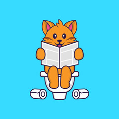 Cute cat Pooping On Toilet and read newspaper. Animal cartoon concept isolated. Can used for t-shirt, greeting card, invitation card or mascot. Flat Cartoon Style
