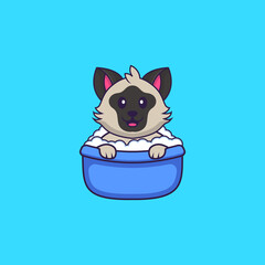 Cute cat taking a bath in the bathtub. Animal cartoon concept isolated. Can used for t-shirt, greeting card, invitation card or mascot. Flat Cartoon Style