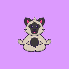 Cute cat is meditating or doing yoga. Animal cartoon concept isolated. Can used for t-shirt, greeting card, invitation card or mascot. Flat Cartoon Style