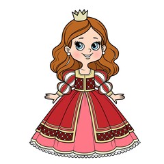 Fototapeta premium Cute cartoon princess girl in ball gown with lush skirt and little crown color variation for coloring page on a white background