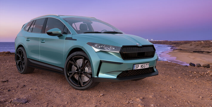 all-electric Skoda Enyaq SUV set against a backdrop of modern architecture