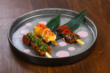 Skewer mix with chicken, pork and beef