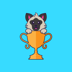 Cute cat with gold trophy. Animal cartoon concept isolated. Can used for t-shirt, greeting card, invitation card or mascot. Flat Cartoon Style