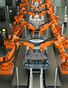 Modern car production line with robotic arms welding components 3d render