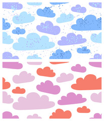 Clouds seamless vector wallpaper set, endless background pattern with cloudy sky, dreaming fluffy cloudscape theme.